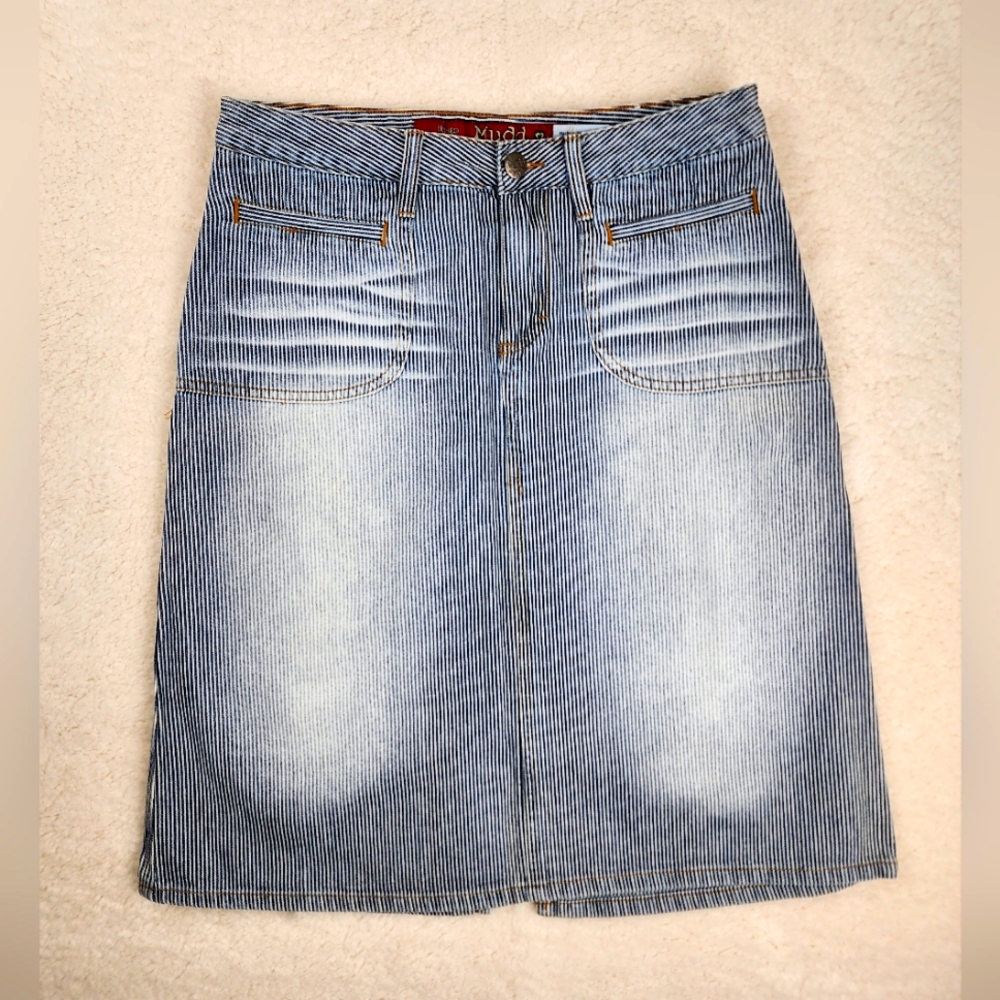 Mudd Y2K Pinstripe Jean Pencil Back Slit Skirt Schoolgirl Casual Distressed 7